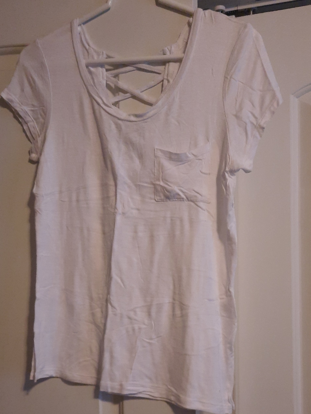 Glitz White Short Sleeve Pocket Tee with Crisscross Back